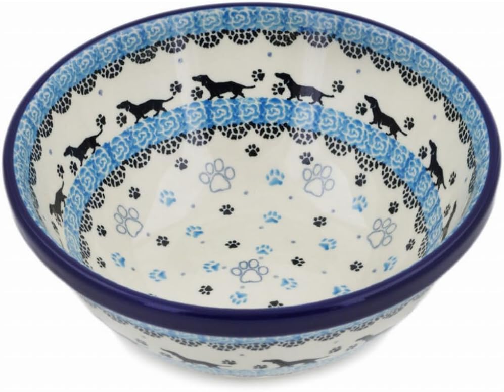 Polmedia Polish Pottery Bowl 6-inch - Dachshund Pattern Handmade in Boleslawiec Poland by Ceramika Artystyczna + Certificate of Authenticity
