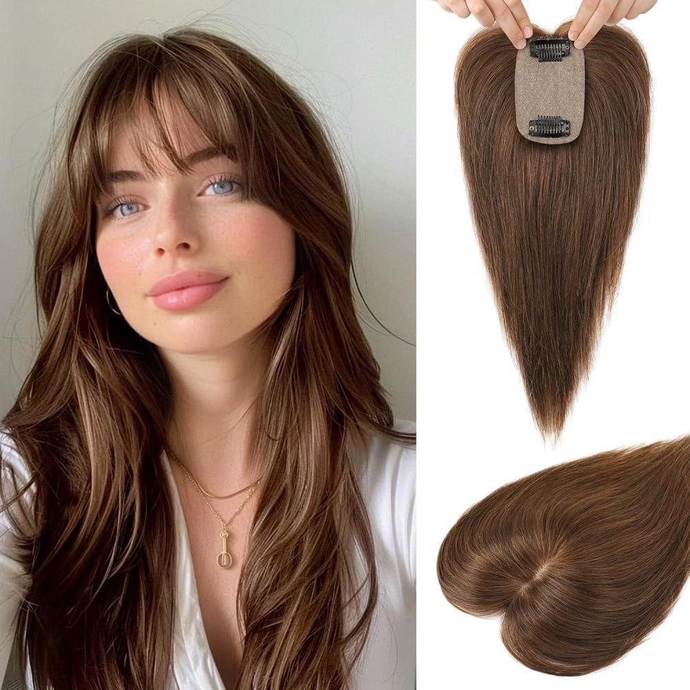 Postizo de cabello humano con flequillo for mujer, 25 cm con clip for cabello fino, base de seda de 8,9 x 6,35 cm. for Thinning Hair(Brown)