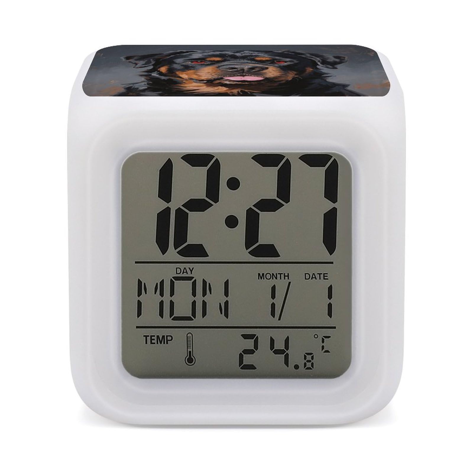 7 Color Ambient Night Light Cube Battery Operated Cool Rottweiler Dog Digital Clock with Snooze Temperature LED Digital Alarm Clocks Dimmable Wake Up Light Portable Mood Lamp for Bedroom Desk Gift