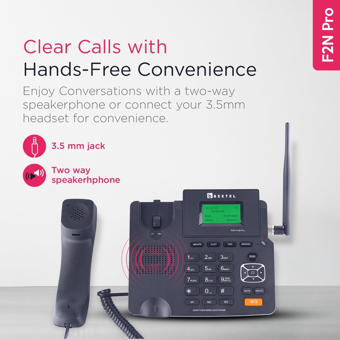 Beetel Fixed Landline Phone Cordless with Display, Dual Sim GSM Only, Two Way Speaker Phone with Adjustable Ringer & Call Volume, Call Recording, FM Radio, MP3 Audio Player, Alarm(Black)(F2N Pro) — Amazon image 5