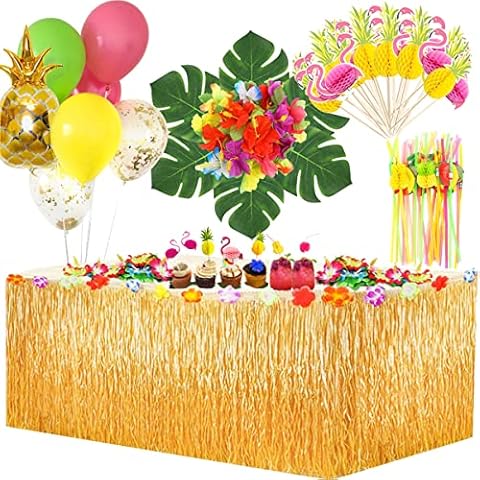 Hawaiian Luau Table Skirt,Tropical Party Decoration with 9.6ft Hawaiian Grass Table Skirt Palm Leaves Hawaiian Flowers, Cake Topper Hawaiian Party Decoration for Summer Tiki Hawaiian Party Decorations Cover