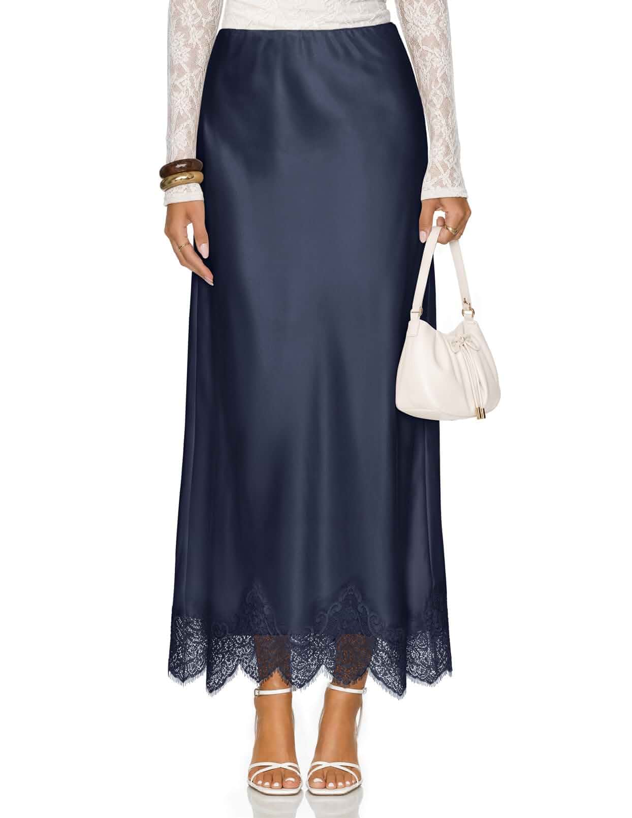 MEROKEETY Satin Lace Trim Maxi Skirts High Waisted Long Skirt for Women Silk Skirt, Hidden Elastic Waistband, Lace Patchwork, A-Line, Flowy, Elegant Classy, Dressy Casual, 2026 Fall Winter Trendy