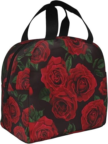 Miniatura 1 de VOOHDDY Bolsa de almuerzo con aislamiento de flores rojas para mujeres, contenedor reutilizable impermeable, portátil, enfriador, bolsa térmica para