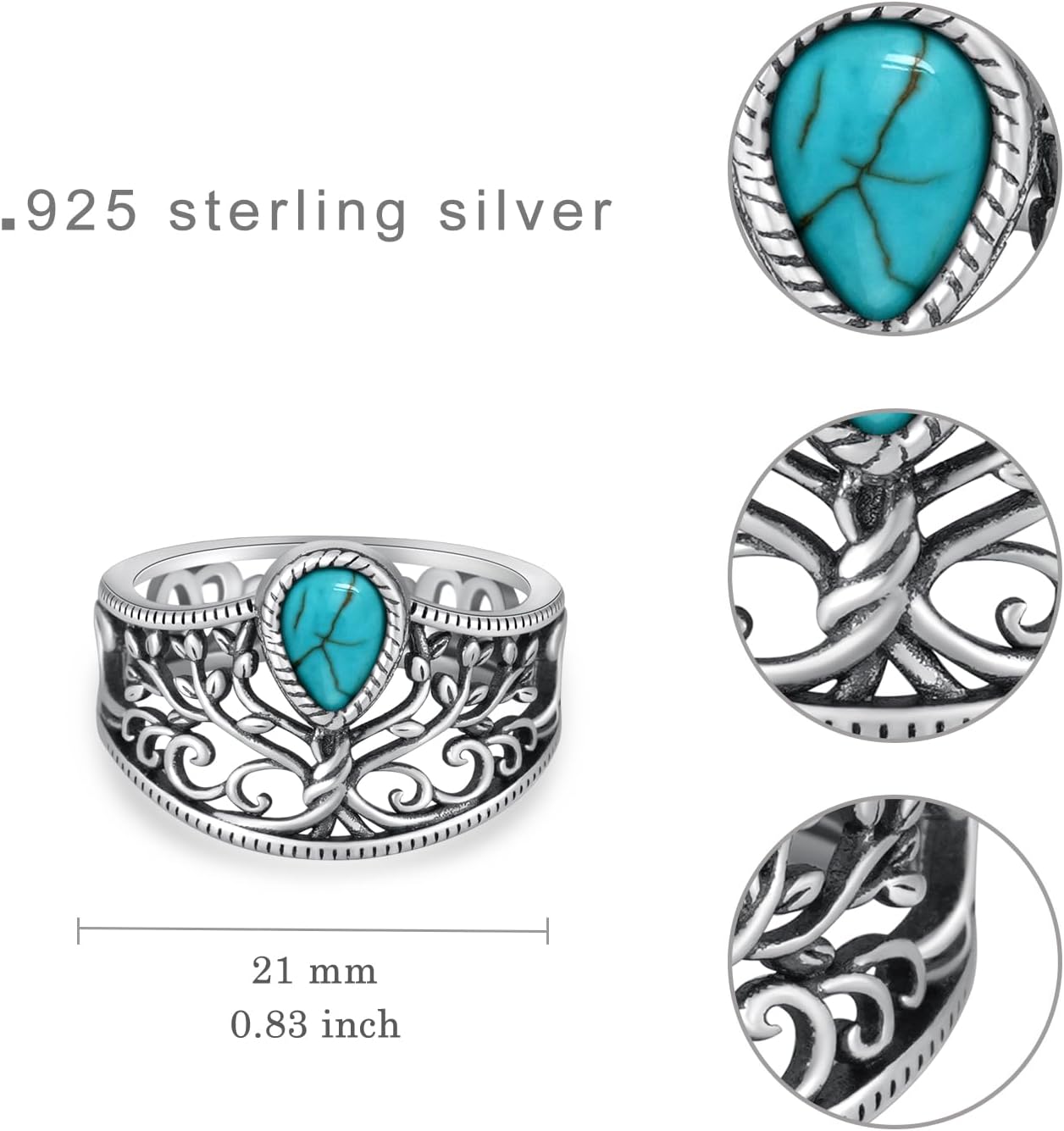 Genuine Turquoise Rings for Women 925 Sterling Silver Tree of Life Ring Vintage Western Nature Turquoise Jewelry for Women