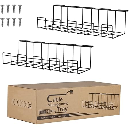 Baskiss デスク下 ワイヤーケーブルトレー 1セット2個 電源タップ・コード収納 配線整理 オーガナイザー 家庭用・職場用 (ブラック)