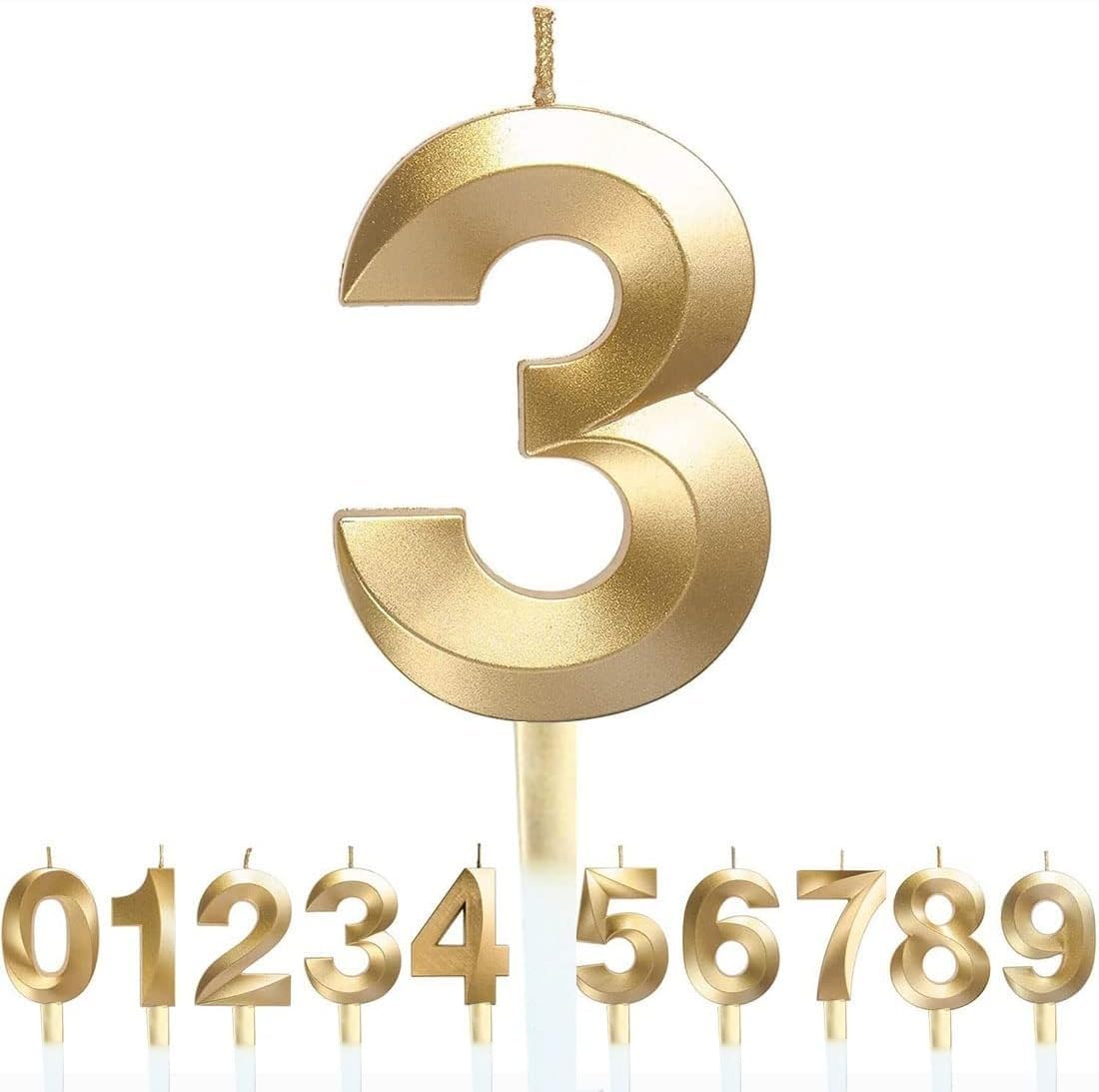 GOLDEDGE 3D Shape Birthday Cake Candles Gold Glitter Birthday Candles Decorative Decoration for Birthday Anniversary Wedding Party Graduation Party (Three)