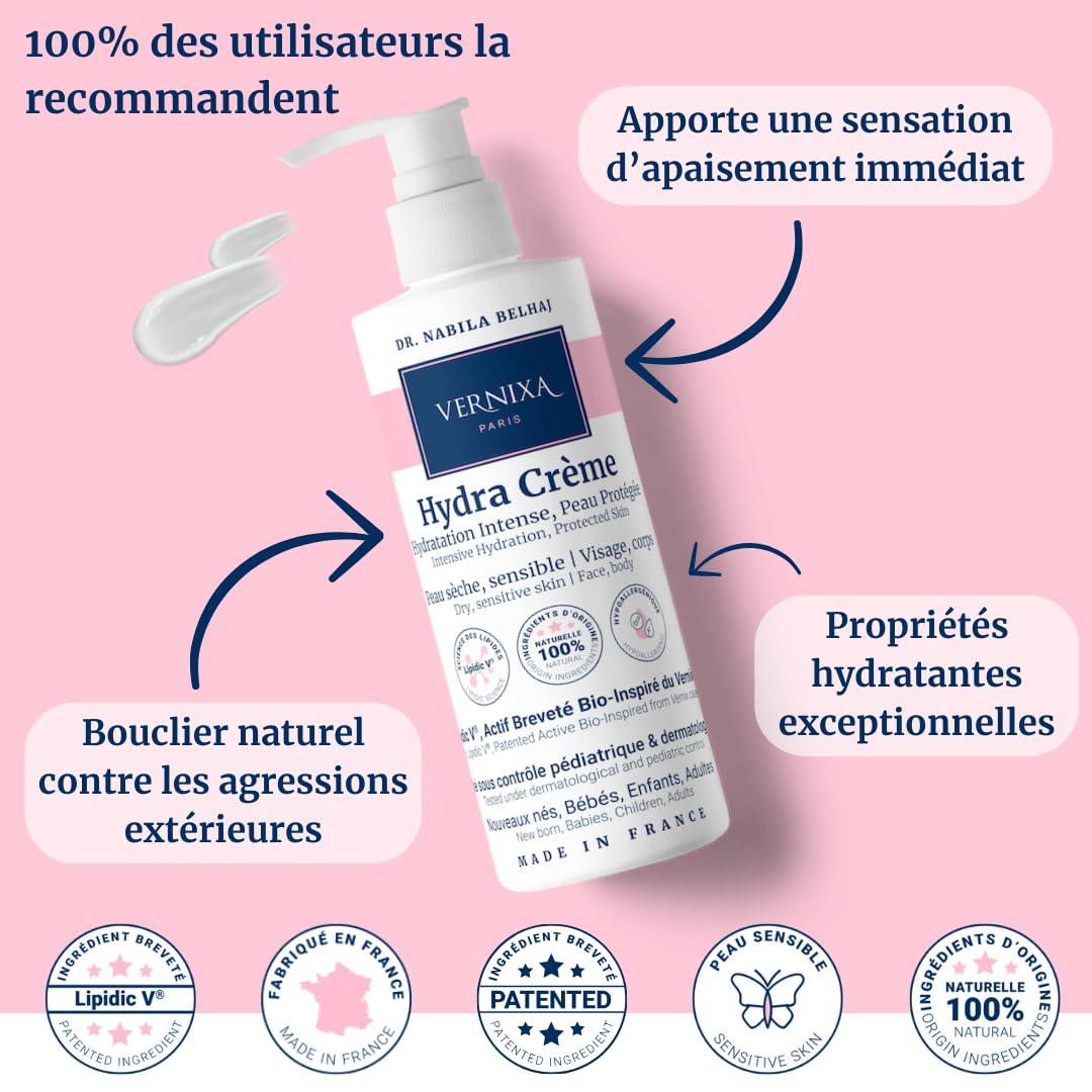 Hydra Crema 100% de origen natural, hipoalergénica, para todas las pieles sensibles, validada por pediatras y dermatólogos, eficacia demostrada, por el Dr.. Nabila Belhaj, PhD. Fabricado en