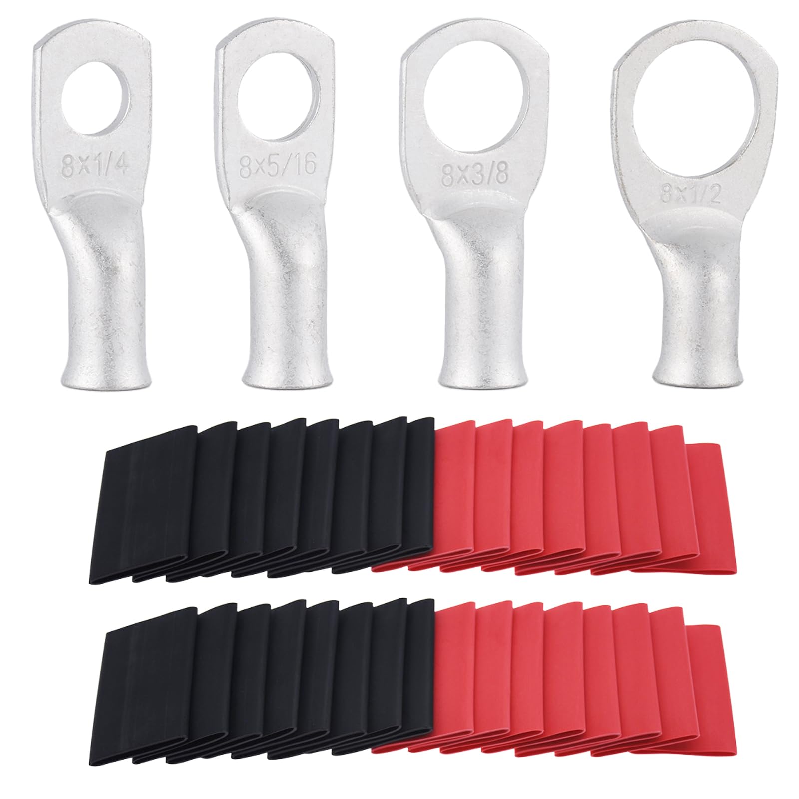 RIOCAN 8 AWG Tinned Copper Ring Terminal Kit (62 Pcs) - 30 Battery Lugs (1/4", 5/16", 3/8", 1/2") with 32 Heat Shrink Tubes for 8 Gauge Wire in