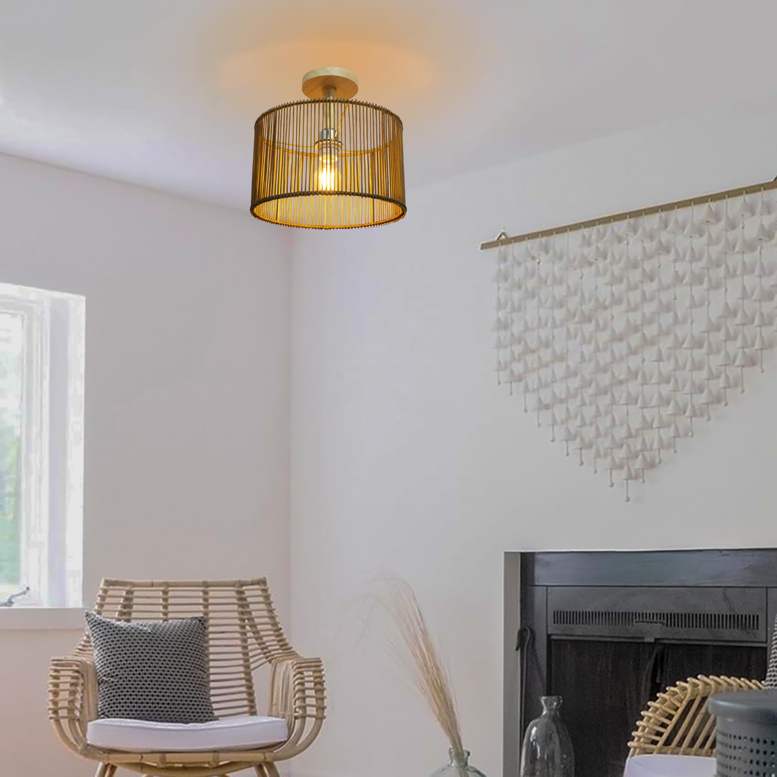 Paralume in Bambù Naturale, Diametro 30 cm, per Lampade a Sospensione, da Terra, da Tavolo o Comodino, Stile Boho