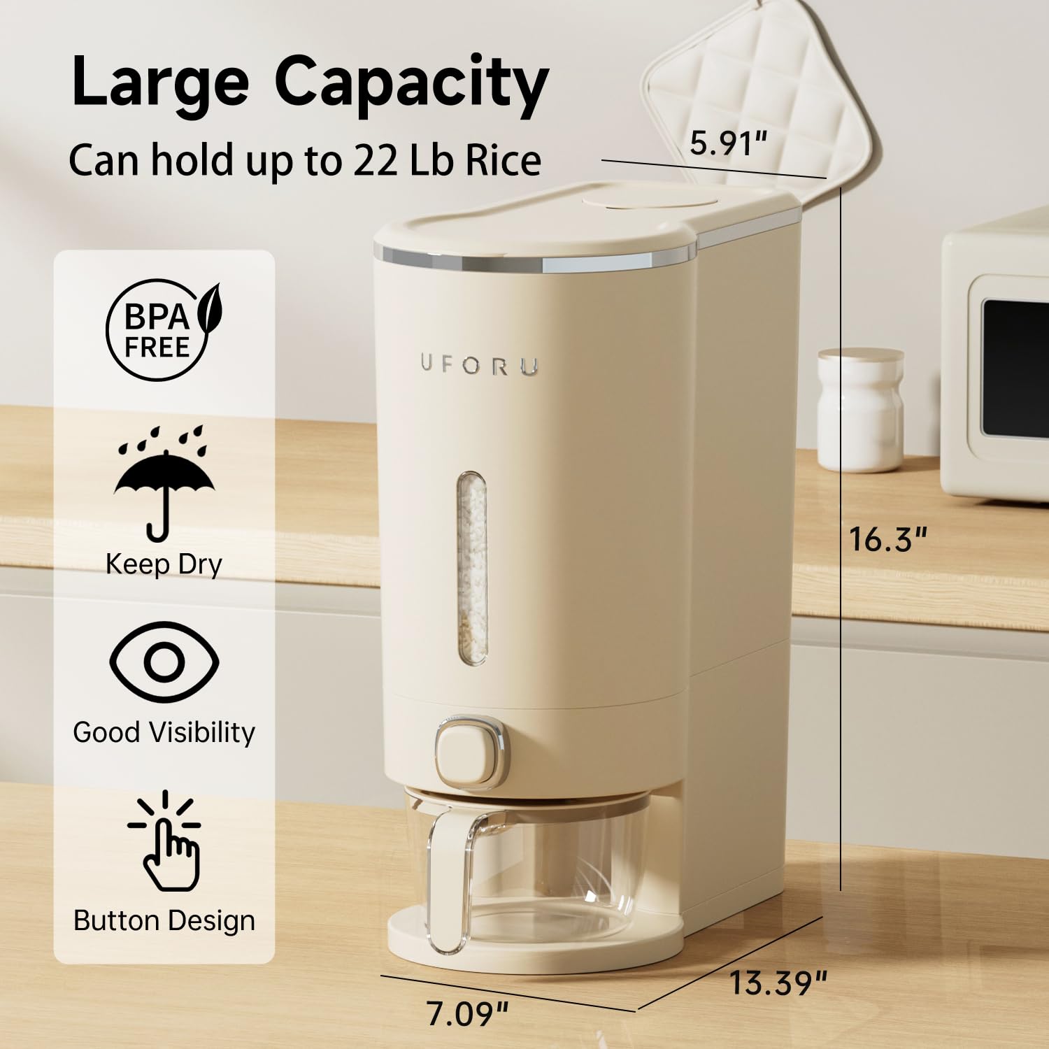 Rice Dispenser, 22 Lbs Rice Storage Container with Measuring Cup for Kitchen Pantry Household, Cereal Dry Food Storage Containers Airtight, Sealed Moisture Proof, Cream White