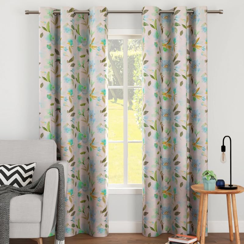 Encasa Printed Blackout Curtains 44x54 in, 2 pcs | Silver Foil Twigs Teal Design I Room Darkening - Blocks 85% Light | Sound and Heat Reduction for Bedroom, Living Room I Machine Wash
