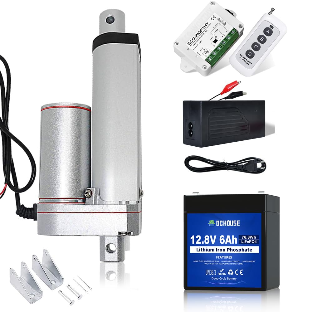 DCHOUSE 12 V 50 mm Heavy Duty Hub Actuador lineal 150 kg Máximo Lift Motor inalámbrico Control remoto Kit con batería de 6 Ah y cargador de batería (1500 N 2 pulgadas)