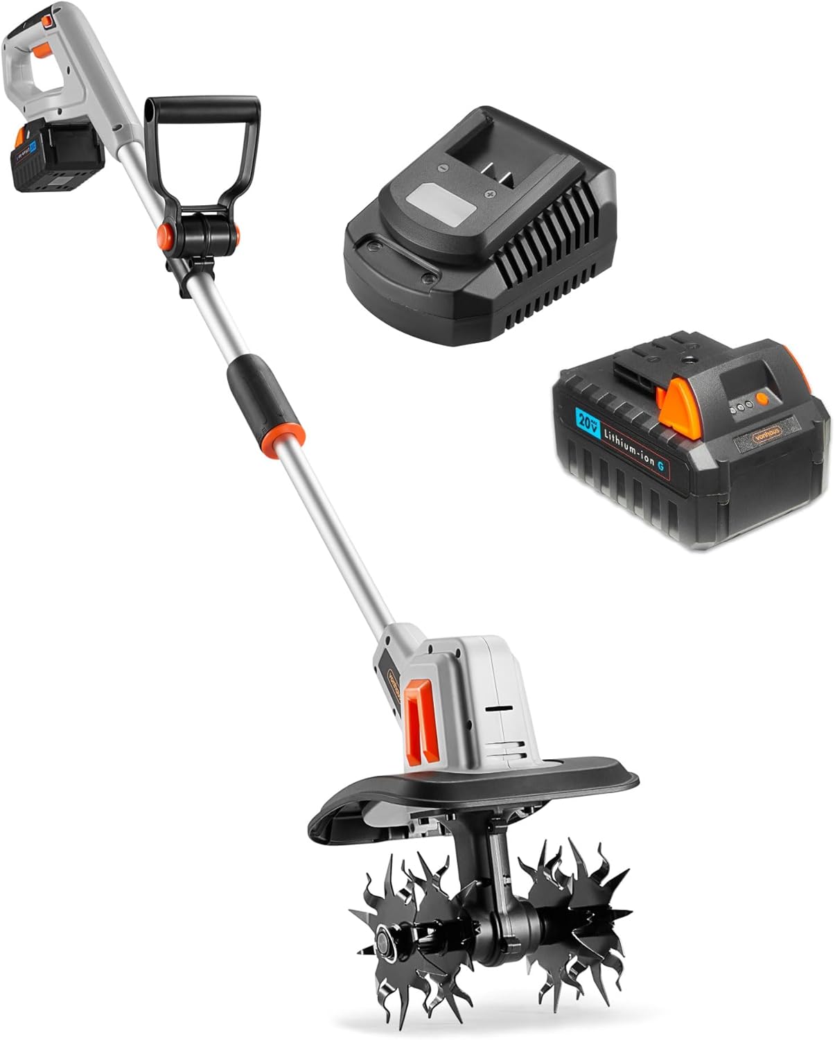 VonHaus Tiller Cordless – Electric Garden Soil Cultivator/Rotavator – 20V Battery, Charger, 16cm Tilling Depth, 20cm Working Width, 4 Blades, Adjustable D Handle