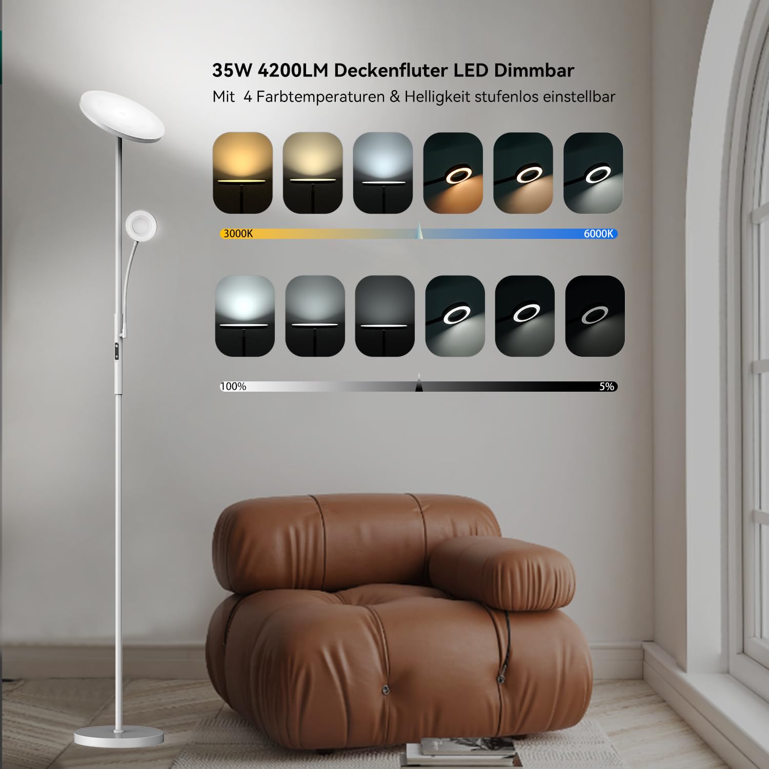 Stehlampe Leselampe Grau, 30W+5W 4200LM Deckenfluter LED, 3000K-6000K Stufenlos Dimmbar Stehleuchte Wohnzimmer mit Fernbedienung & Touch Steuerung, LED Standleuchte für Schlafzimmer,Büro