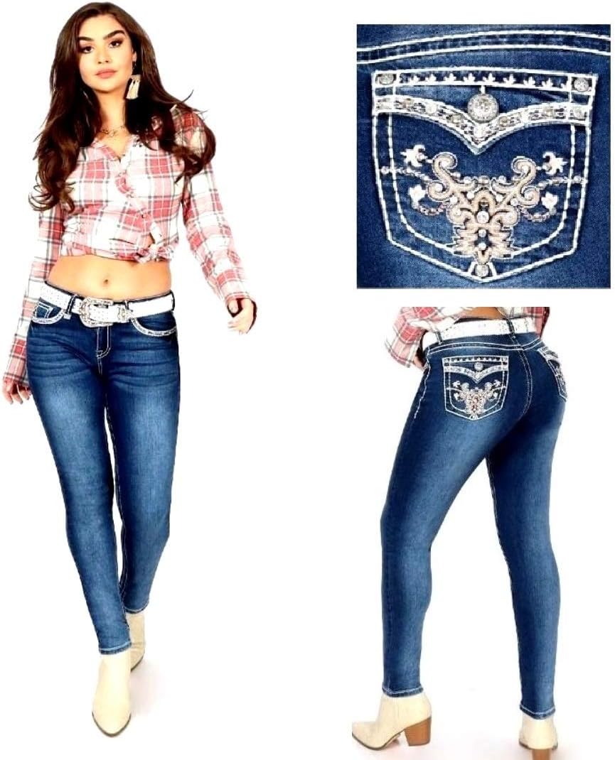 Jack David Woman’s Bootcut Jeans Blue Stretch 5-Pocket Premium Denim Jeans Embellished Rhinestone mid Rise Boot Cut.