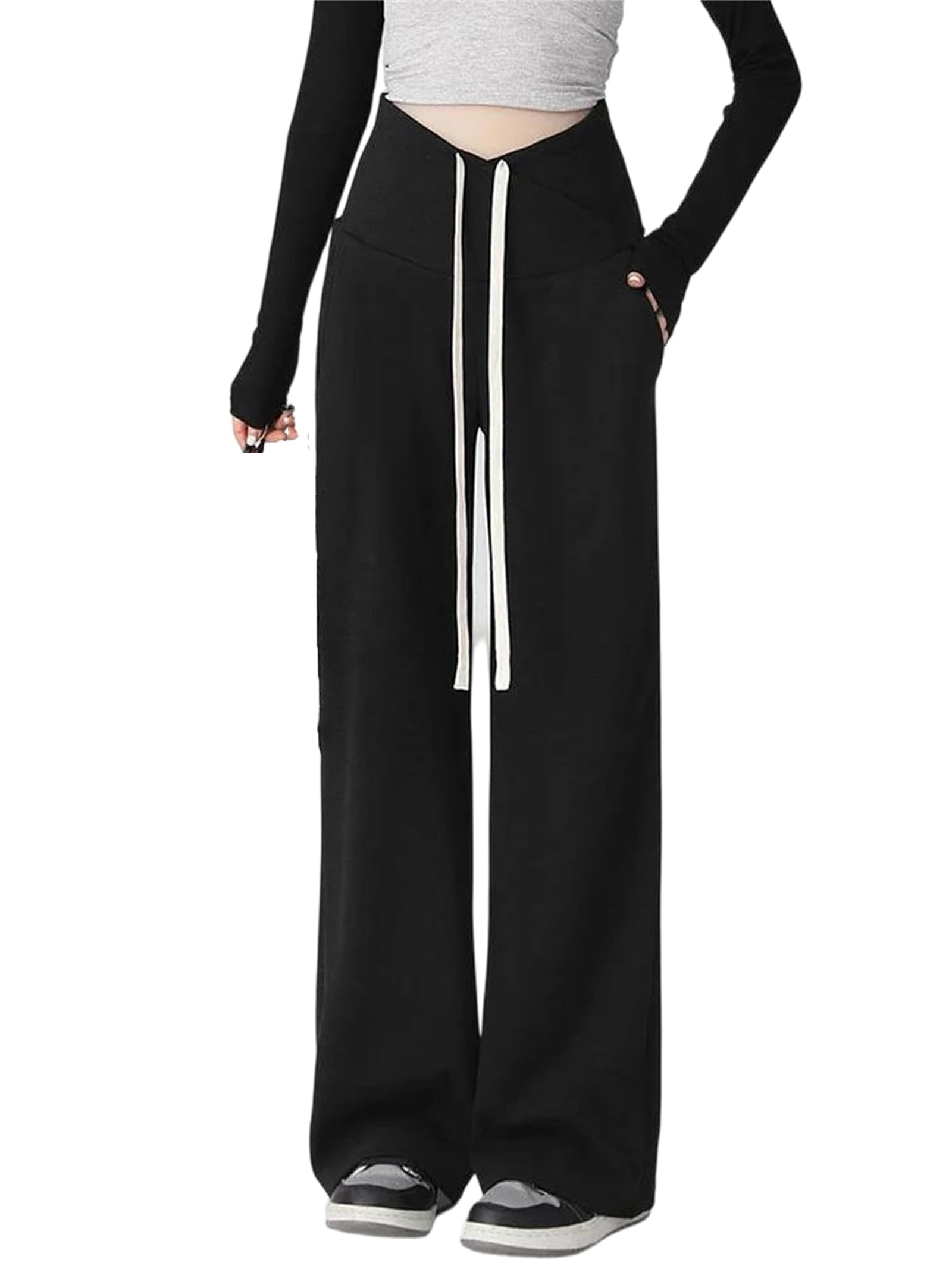Pantaloni da donna a vita alta, gamba larga, casual, con lacci, premaman