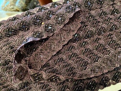 Dusty Plum Embroidered Scallop Trim Appliques Hand Beaded 7/8" Sheer Sequins 1yd Fabric