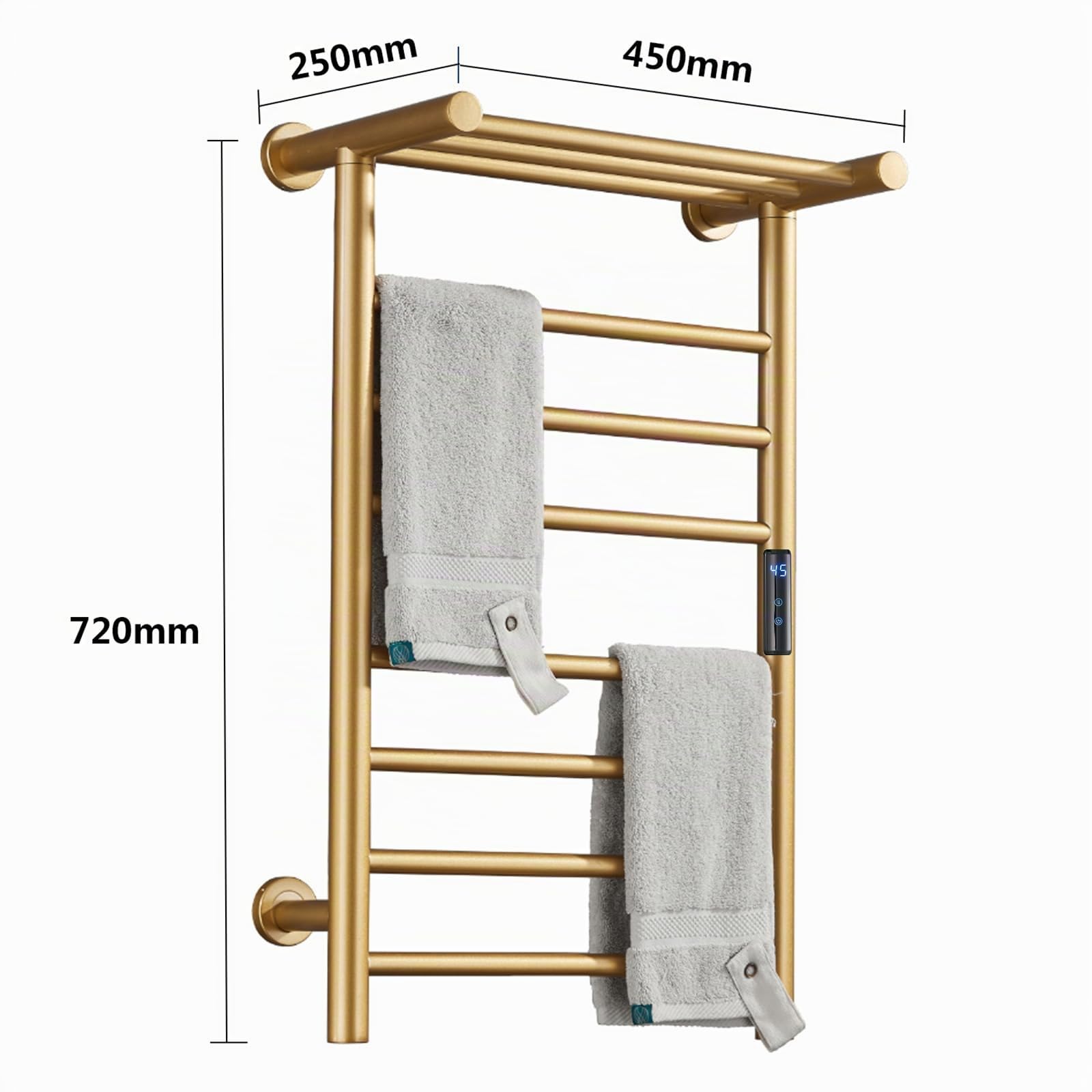 Radiador Toallero Eléctrico, Secado De Toallas De 7 Barras Dorada Con Estante Superior, Calentador De Toallas De Fibra De Carbono De Acero inoxidable Montado En La Pared, 72*45*25 Cm (Plug in)
