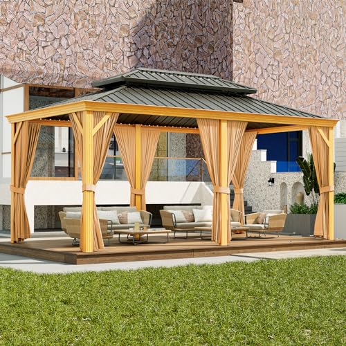 12x20ft Double Roof Hardtop Gazebo, Heavy Duty Galvanised Steel Hardtop Pavilion with Netting and Curtains, Faux Wood Grain Metal Gazebo for Patio, Terrace, Lawn and Deck, Wood Grain