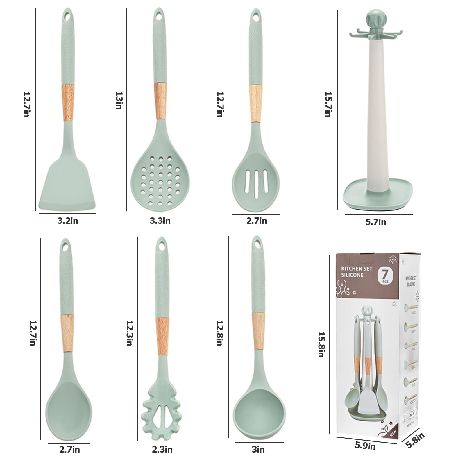 AVEKI Juego de utensilios de cocina de silicona, 7 piezas, con soporte giratorio, resistentes al calor, utensilios de cocina para utensilios de cocina (verde)