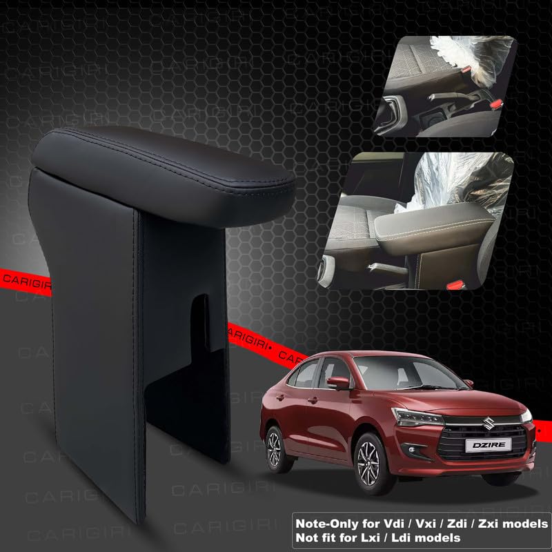 Image of Carigiri Premium Finish Car Armrest with Storage Box And High Density Moulded Foam For Maruti Suzuki Dzire (Models-2024,2025)(ONLY FOR VXI,VDI /ZXI,ZDI /ZXI+ MODELS) (Black Seam,Nappa Leatherette)
