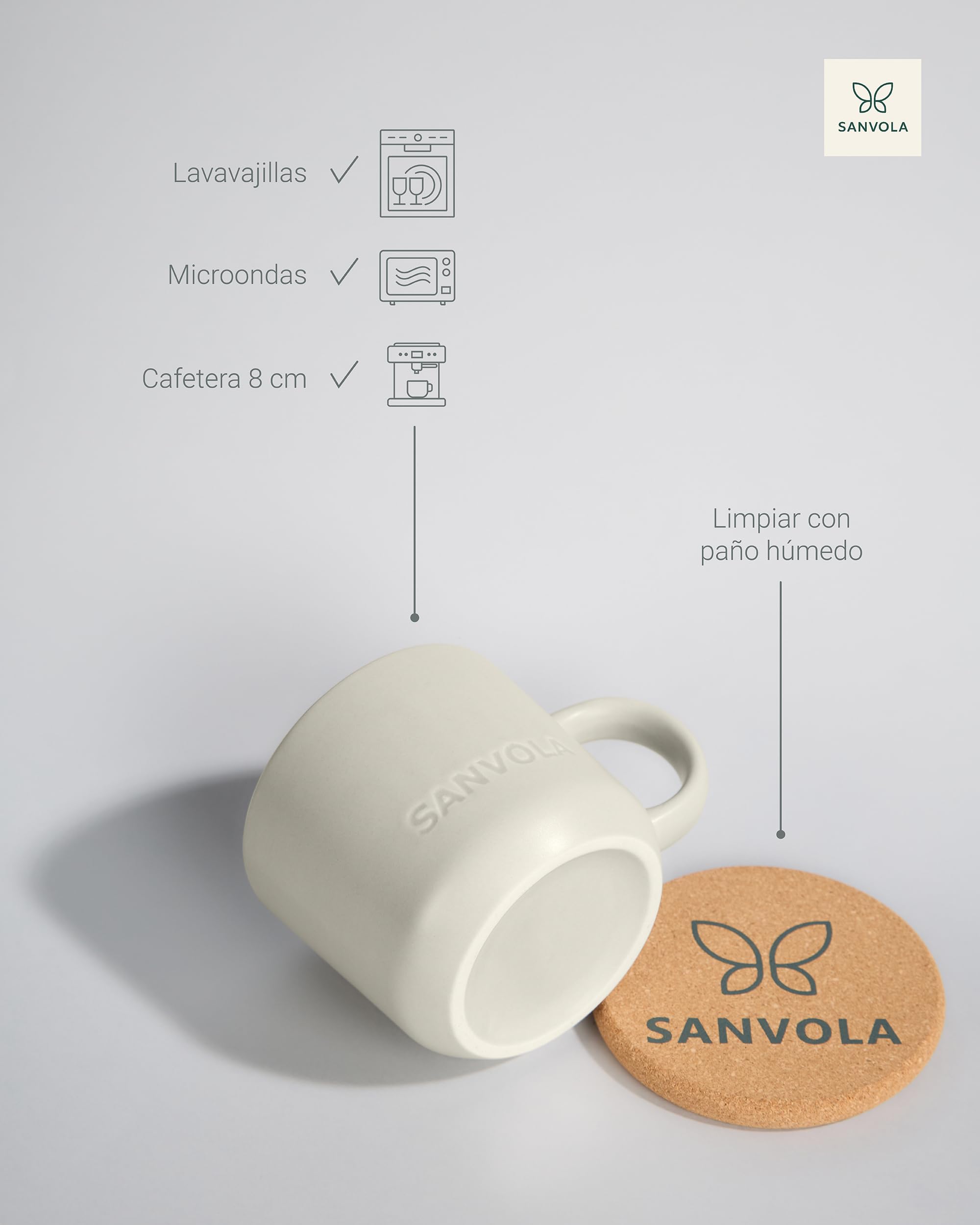 6 tazas desayuno 350 ml, juego de tazas de cafe de gres cerámico mate con tapa-posavasos de corcho 2 en 1, aptas para microondas y lavavajillas, ideales como tazas cafe con leche y tazas de te