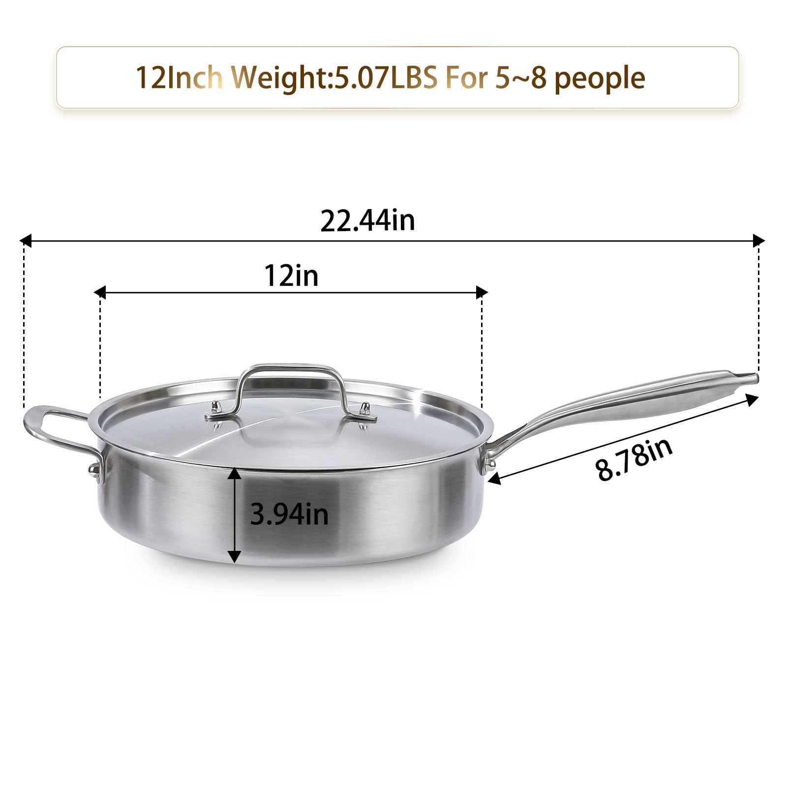 DELARLO Sartén de acero inoxidable de tres capas de 7 cuartos de galón, sartén grande de 12 pulgadas con tapa, sartén jumbo con tapa, estilo resistente compatible con todas las cocinas de hasta 343.3