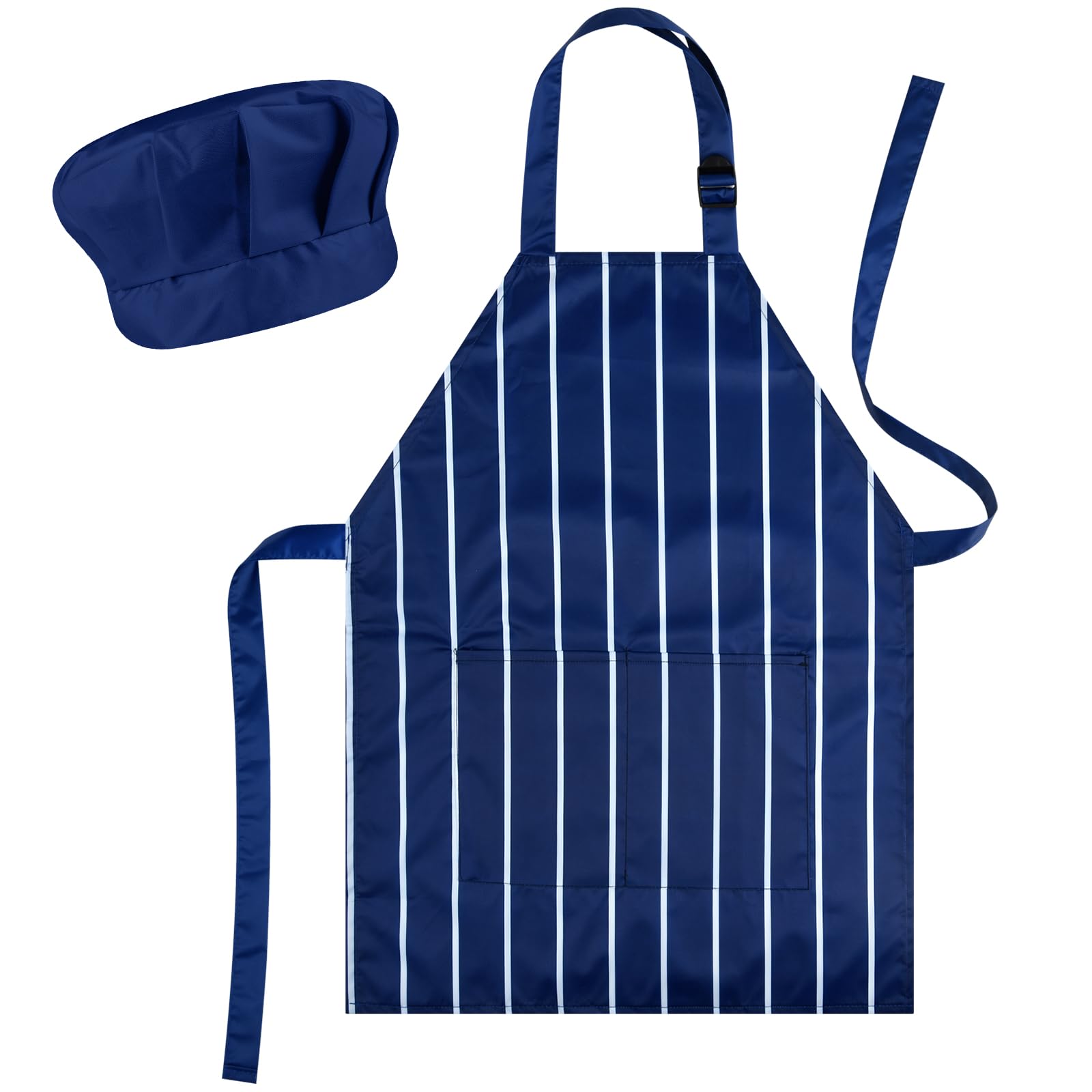 BOUBONI Kids Apron and Chef Hat Set Girls Boys Apron Adjustable with 2 Pockets for Cooking Baking Painting（Stripes-Dark Blue）