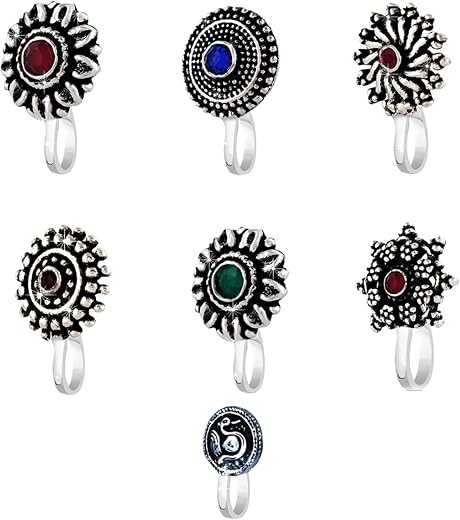 Yellow Chimes Nose Pin for Women and Girls | Traditional Silver Oxidised Nose Pin Without Piercing | German Silver Nose Pi...
