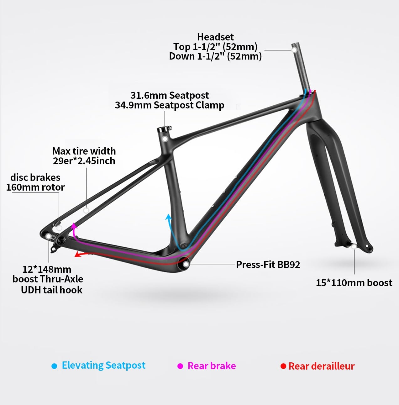 Rama z włókna węglowego 29er 15,4/17,3/18,9 cala Zwiększenie roweru górskiego z widelcem 15 x 110 mm 12 148 mm trzpień hamulca tarczowego Hardtail dociskowe BB92 (M-29 17,3 cala)