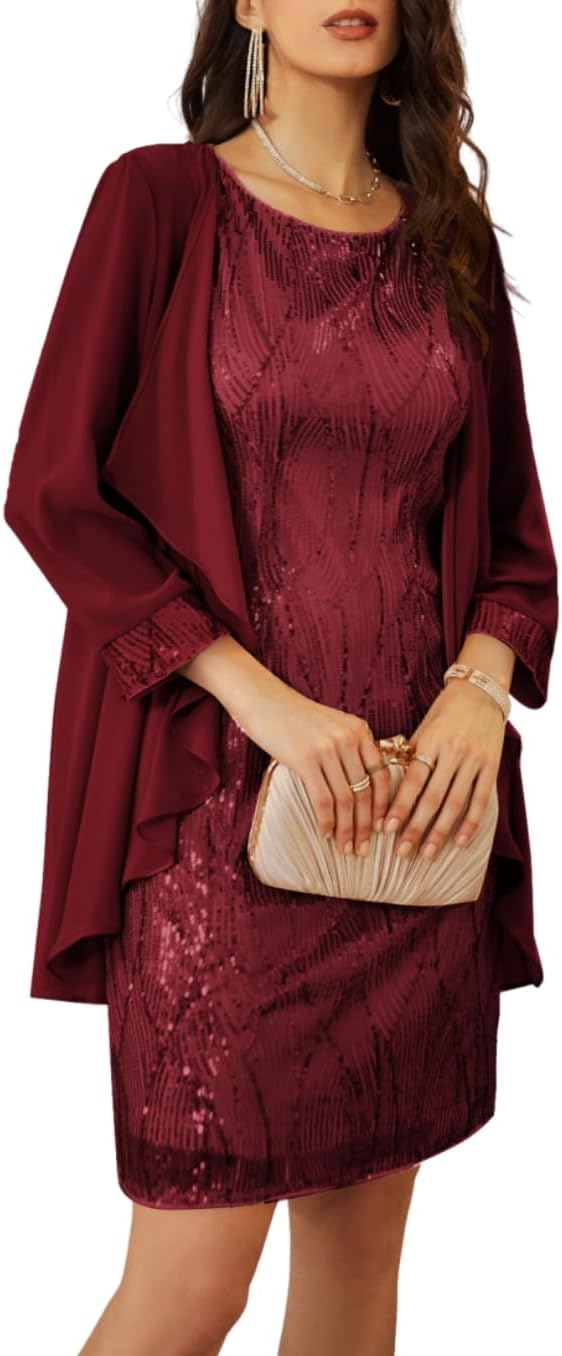 GRACE KARIN Women's Sequin Dress - Wedding Guest & Mother of The Bride Formal Dress - Two Piece Knee Length