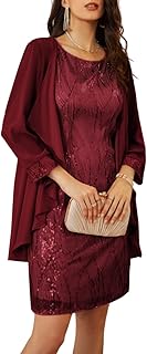 Sequin Dress for Women Knee Length Mother of the Bride Dresses Formal Dress Two Piece Dress with Chiffon Jacket - Buy now