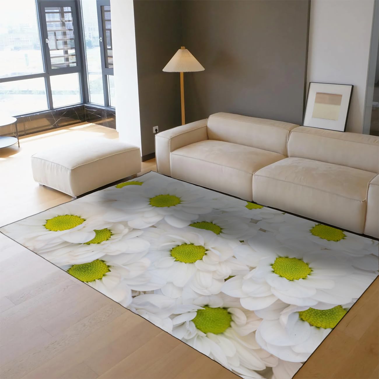 Tapis lavable à profil bas vintage fleur blanche 180x210cm