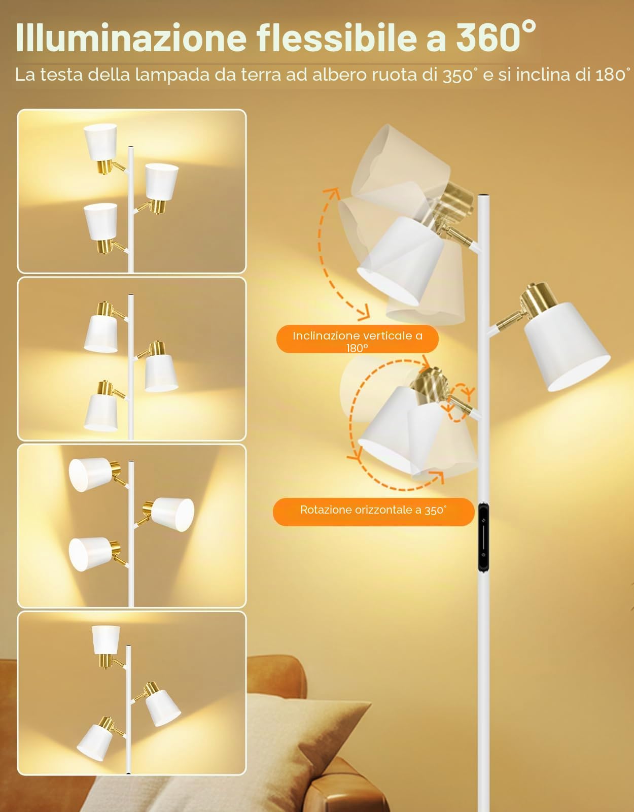 OUTON Lampada da Terra LED Dimmerabile con Telecomando e Controllo, Bianco | Touch, 36W 2700LM, 4 Temperature di Colore, 3 Luci Rotanti, Lampade da Terra moderna per Soggiorno, Camera da Letto, Ufficio