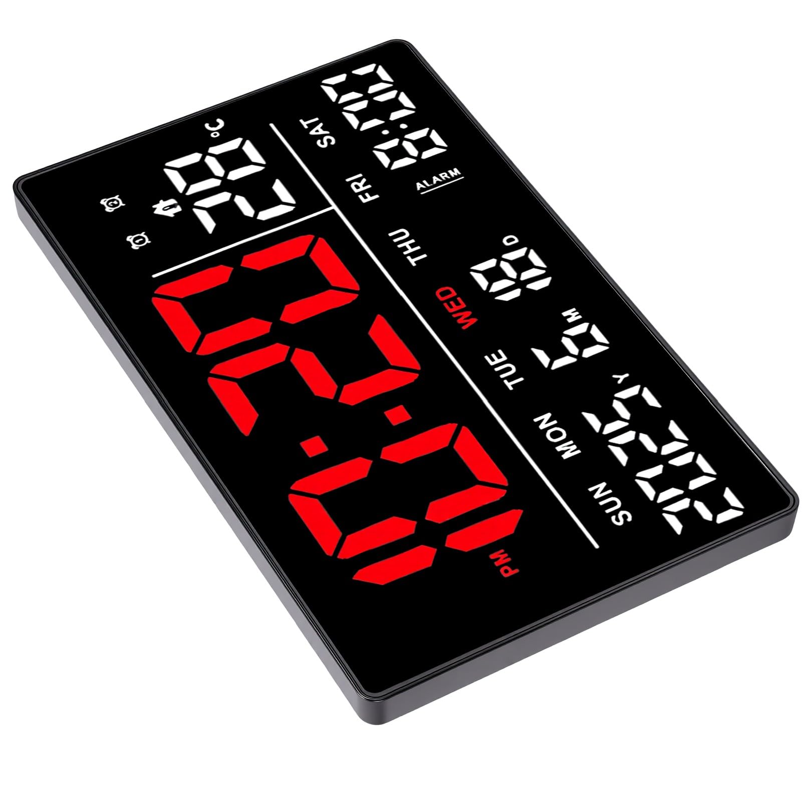 Brrnoo Orologio da Parete Digitale LED, Sveglia con Display Rosso Bianco Ora Data Temperatura Calendario Luminosità Regolabile for Casa Ufficio Scrivania