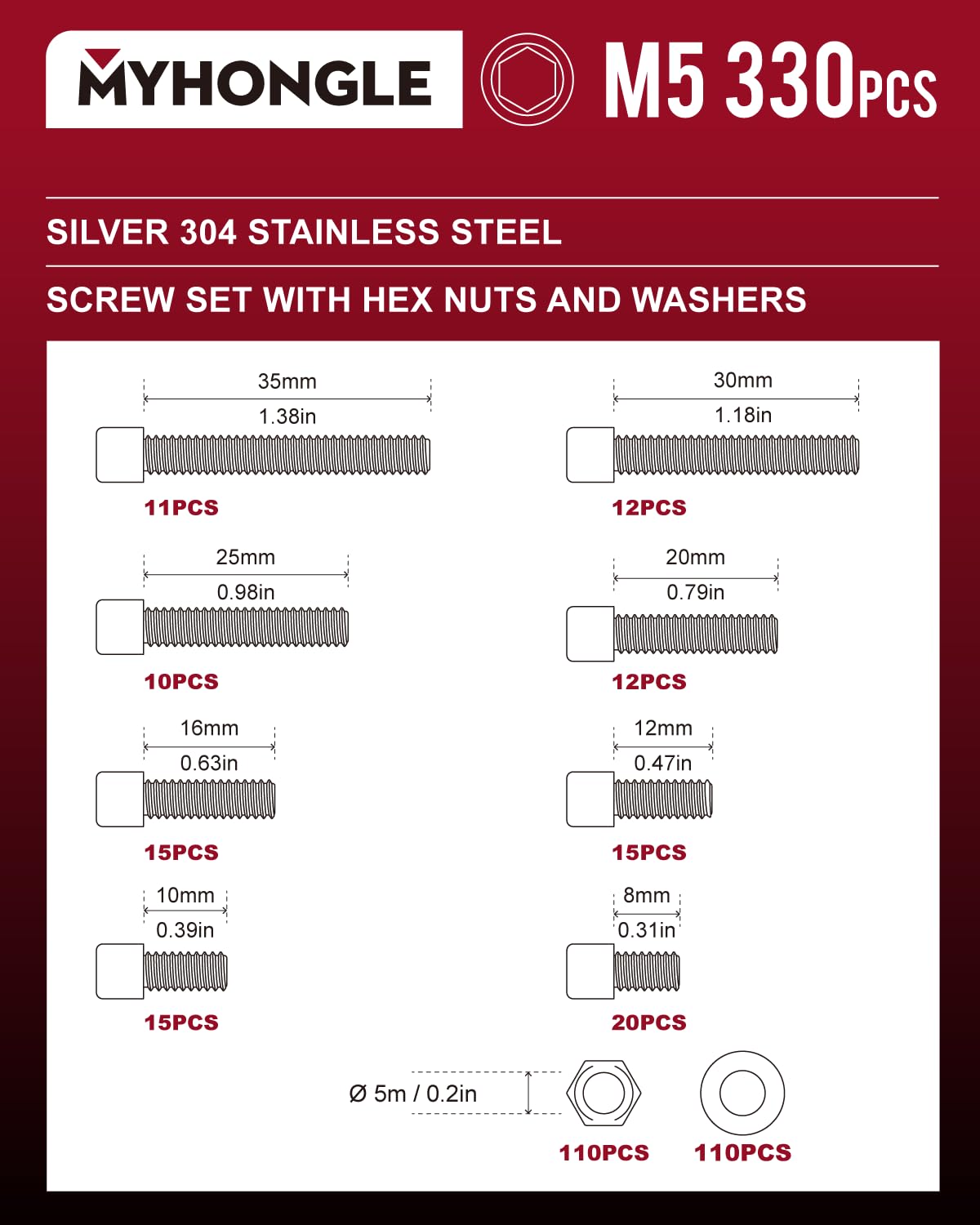 330 Pcs M5 Nuts and Bolts Set, Hex Socket Head Cap Screws Bolts and Nuts Set, Assorted Bolt and Nut Set including Washers - Image 2