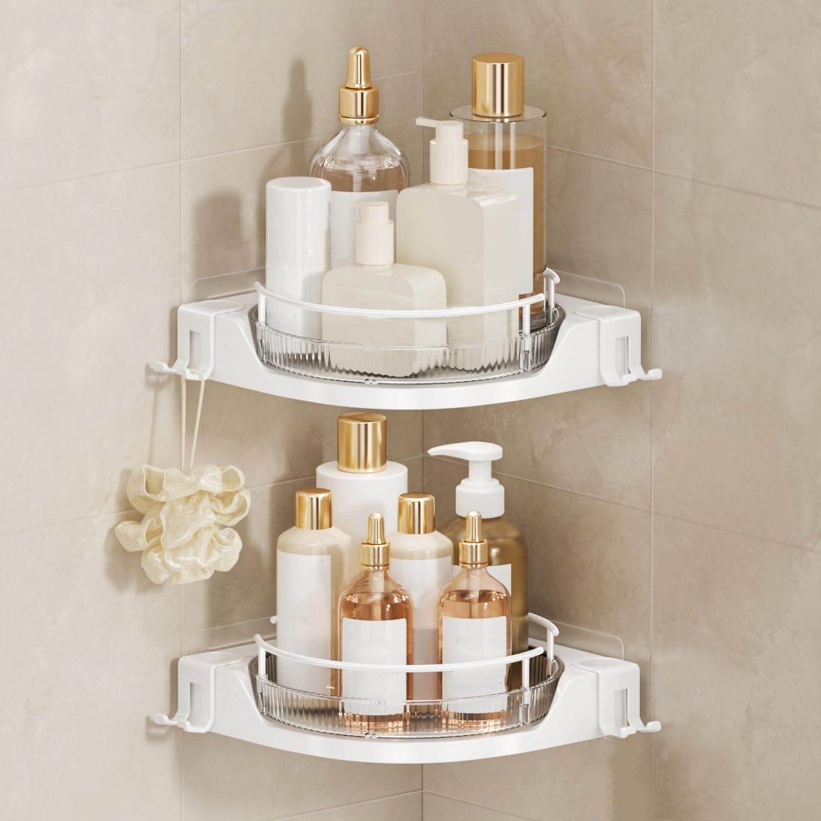 360 Rotating Corner Shower Caddy 2-Pack No-Drill Adhesive Shower Shelf Organizer with Hooks Lazy Susan Bathroom Storage for