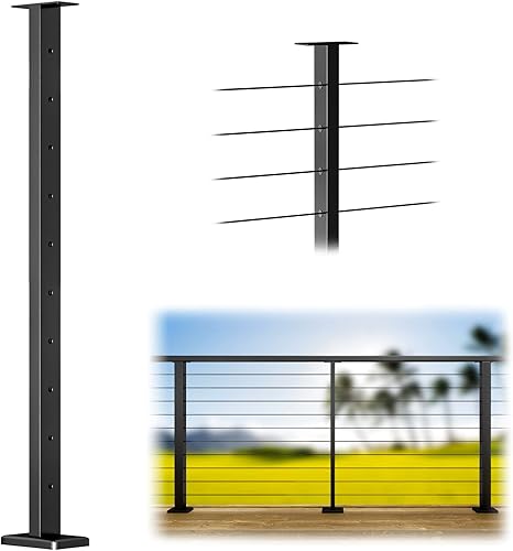 Miniatura 1 de Muzata Nivel de poste intermedio perforado de 36 x 1 x 2 pulgadas (cuerpo de poste de 35 pulgadas) con barandilla de cable superior fija para