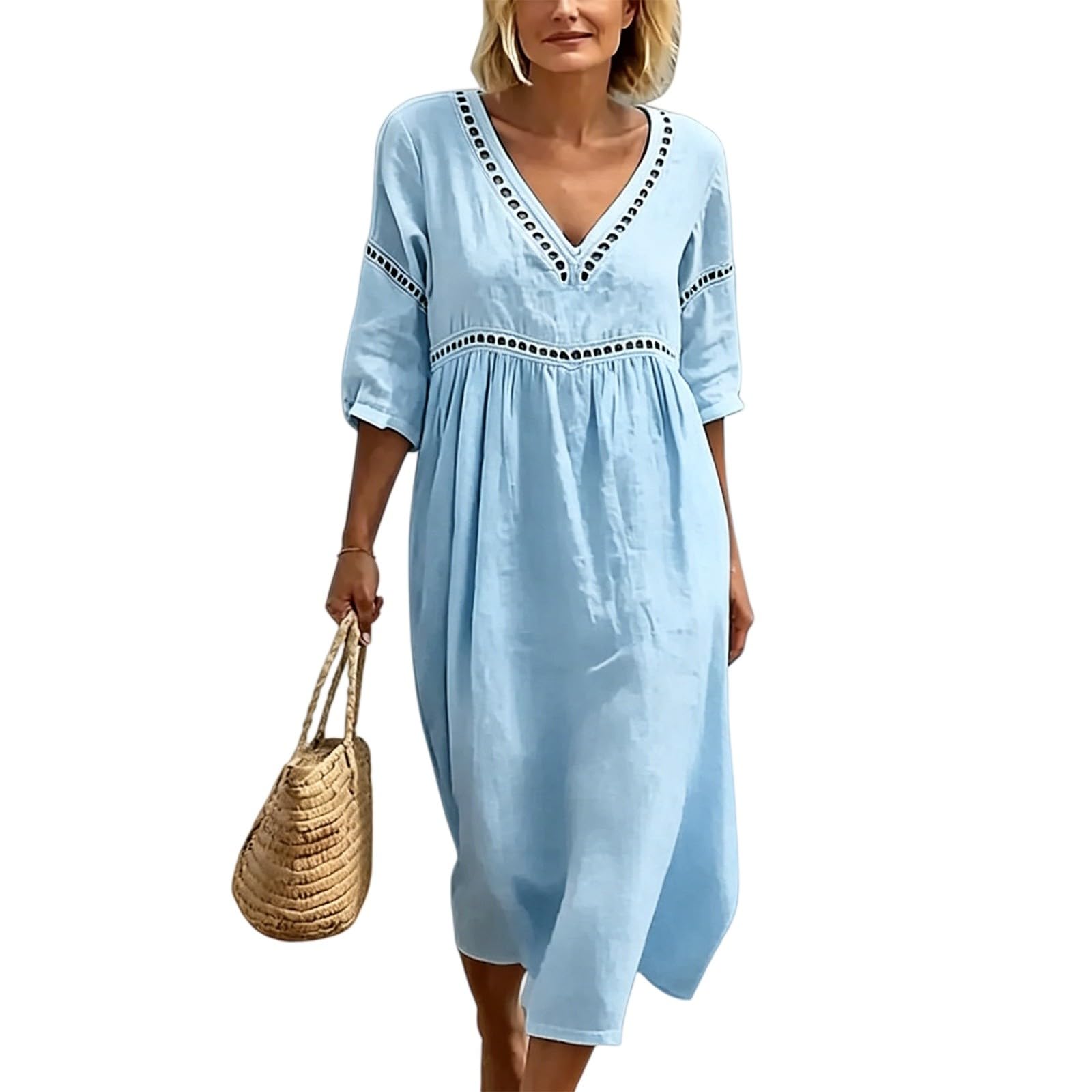 Generisch Sommerkleid Damen Lang,3/4 Ärmel Lochstickerei Musselin Locker Boho Kleid Sommer Strandkleid Elegant Baumwolle Leinenkleid V Ausschnitt Mode Maxikleid Leicht und Luftig Freizeitkleid