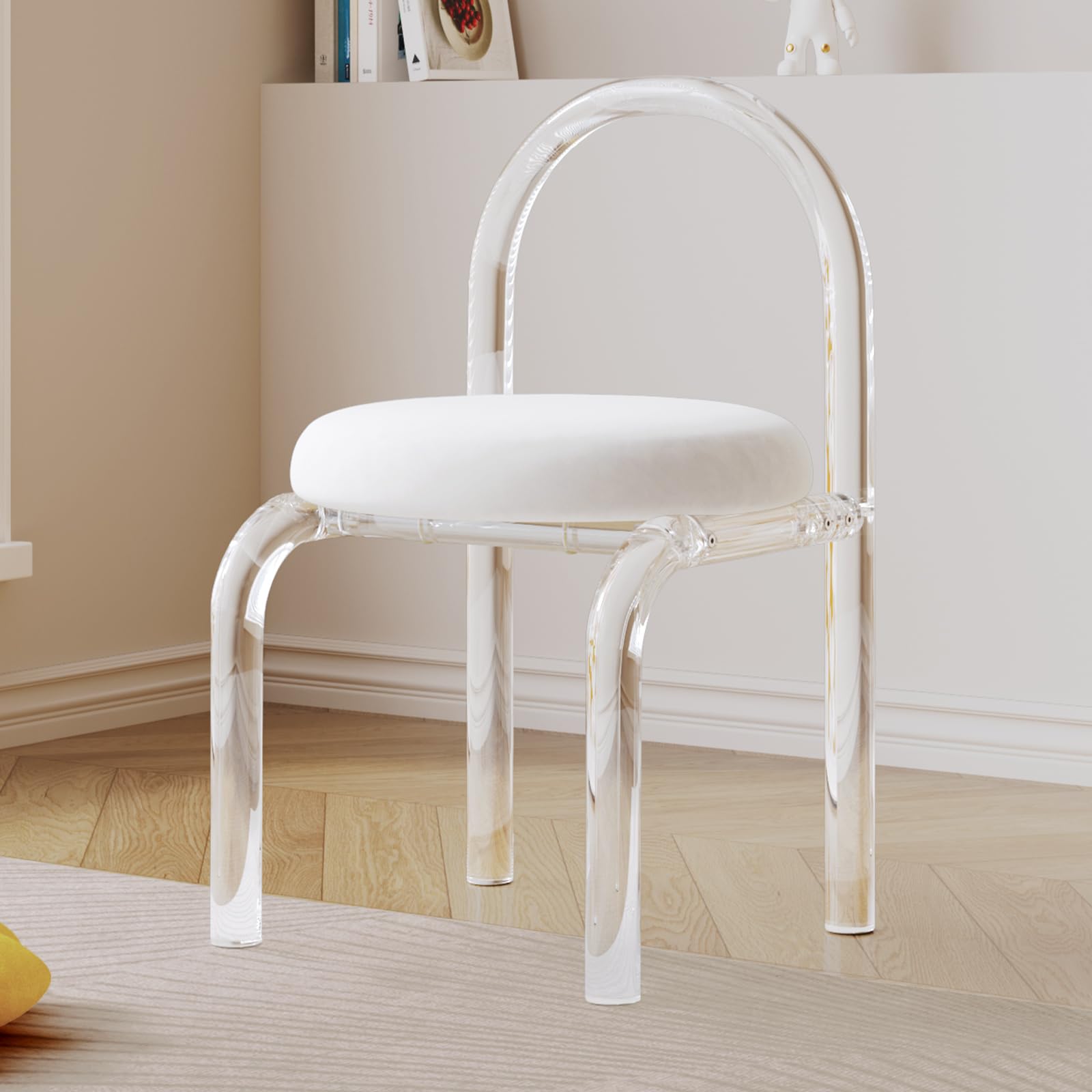 Miuuod Stilvoller Schminkstuhl aus Kristallacryl, niedlicher Schminktischstuhl, Acrylstuhl im Cartoon-Stil mit weich gepolsterter Sitzfläche für den Frisiertisch