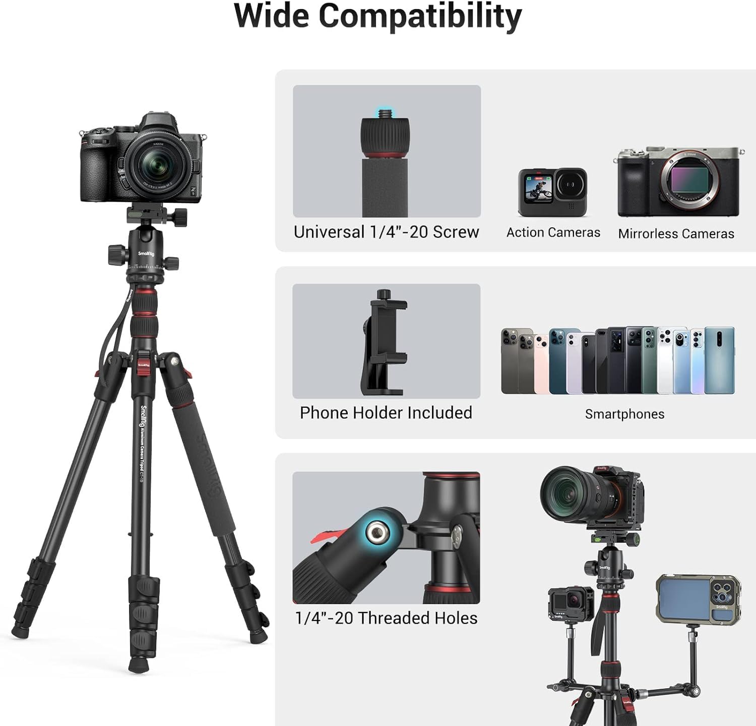 SMALLRIG Trépied CT-20 pour Appareil Photo, trépied et Monopode Pliable en Aluminium de 200 cm (78,7 Pouces), rotule détachable à 360°, Charge utile de 15 kg (33 LB)