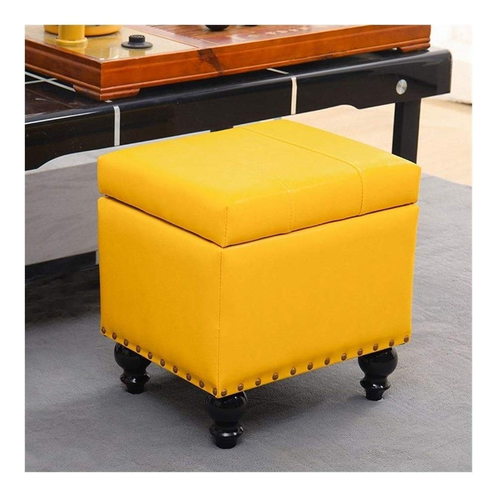 Pouf repose-pieds en similicuir jaune avec boîte de rangement intégrée