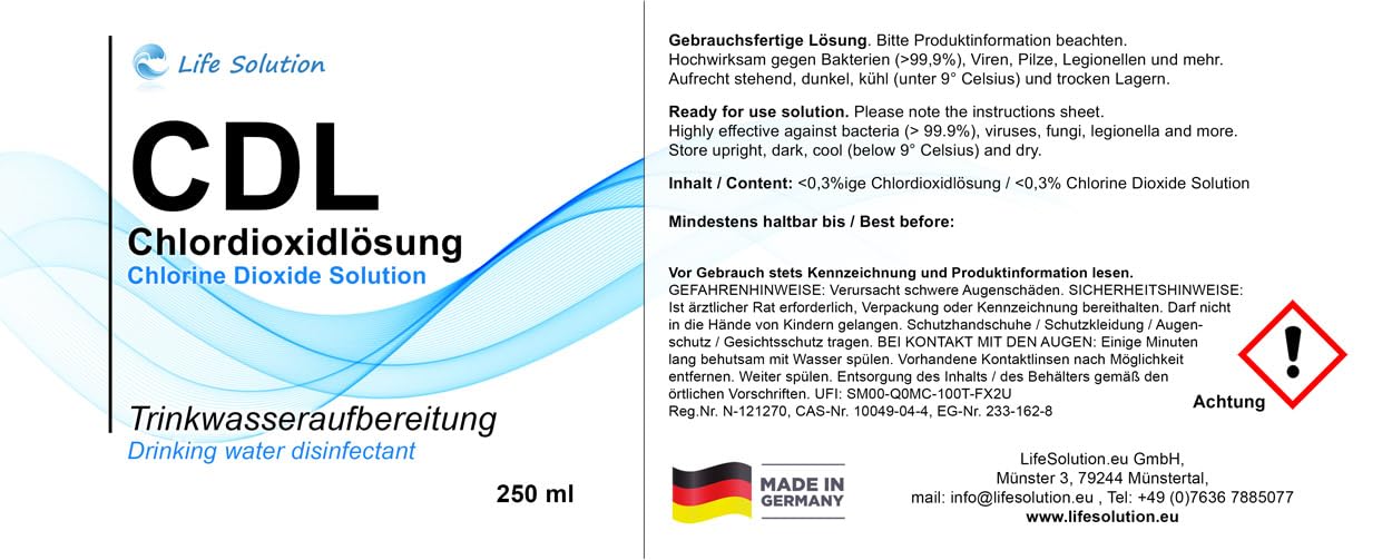 Chlordioxid Lösung 0,3% - CDs - CDL - Trinkwasserdesinfektion - Wasseraufbereitung - Chlorine Dioxide Solution - 250 ml + Anleitung & Pipette