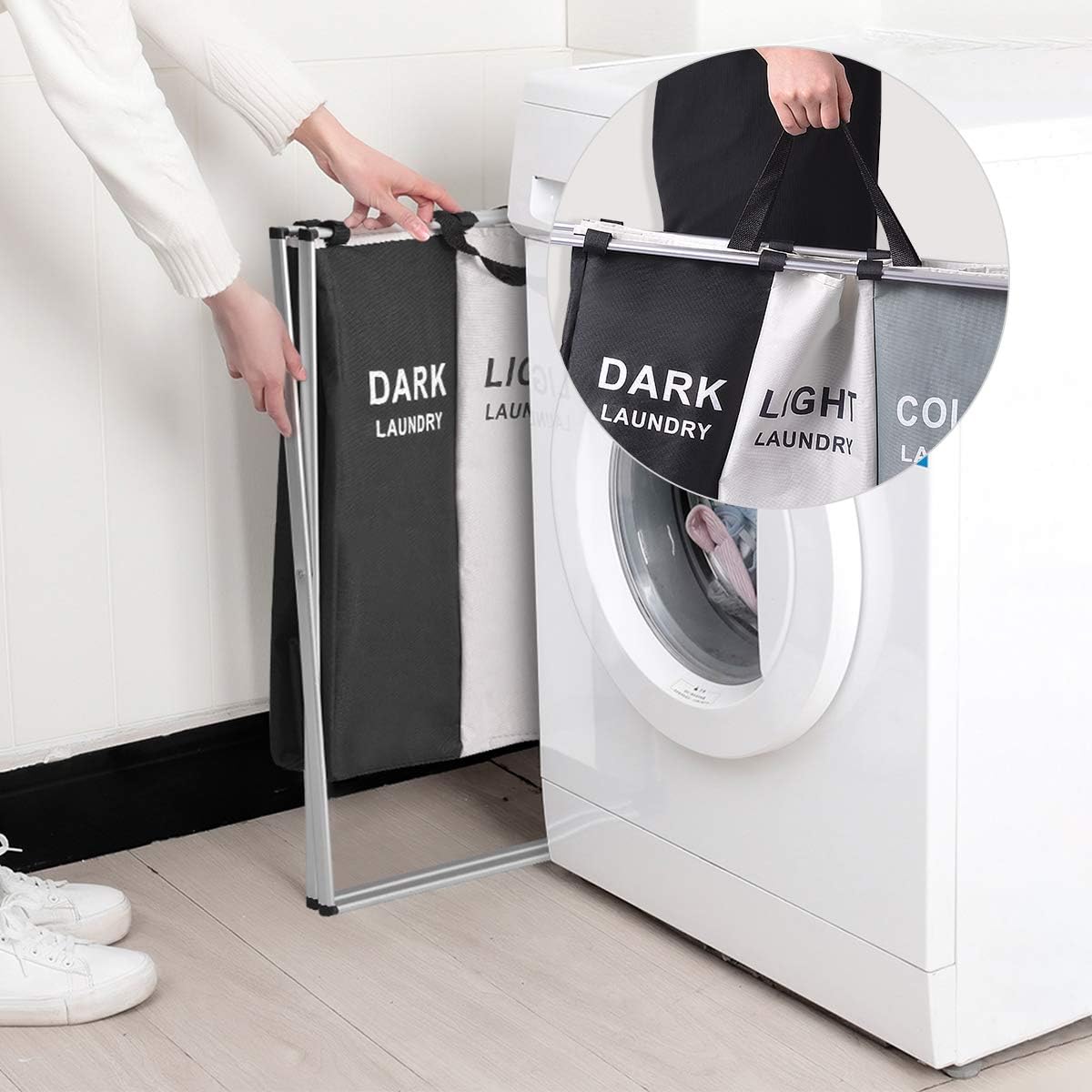 Laundry Hamper 3 Sections 27''L×24''H Large Collapsible Basket Sorter Dirty Clothes Organizers with X-Frame and Handle Perfect for Bedroom Bathroom Living Room, Multi Color HG431