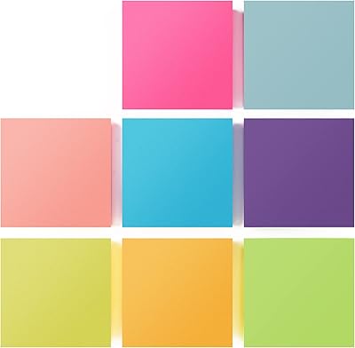 8-Pack Sticky Notes, 3x3 Inches Self-Stick Pads Bright Colors, 100 Sheets/Pad, Strong Adhesive Memo Pads, Easy to Post for...