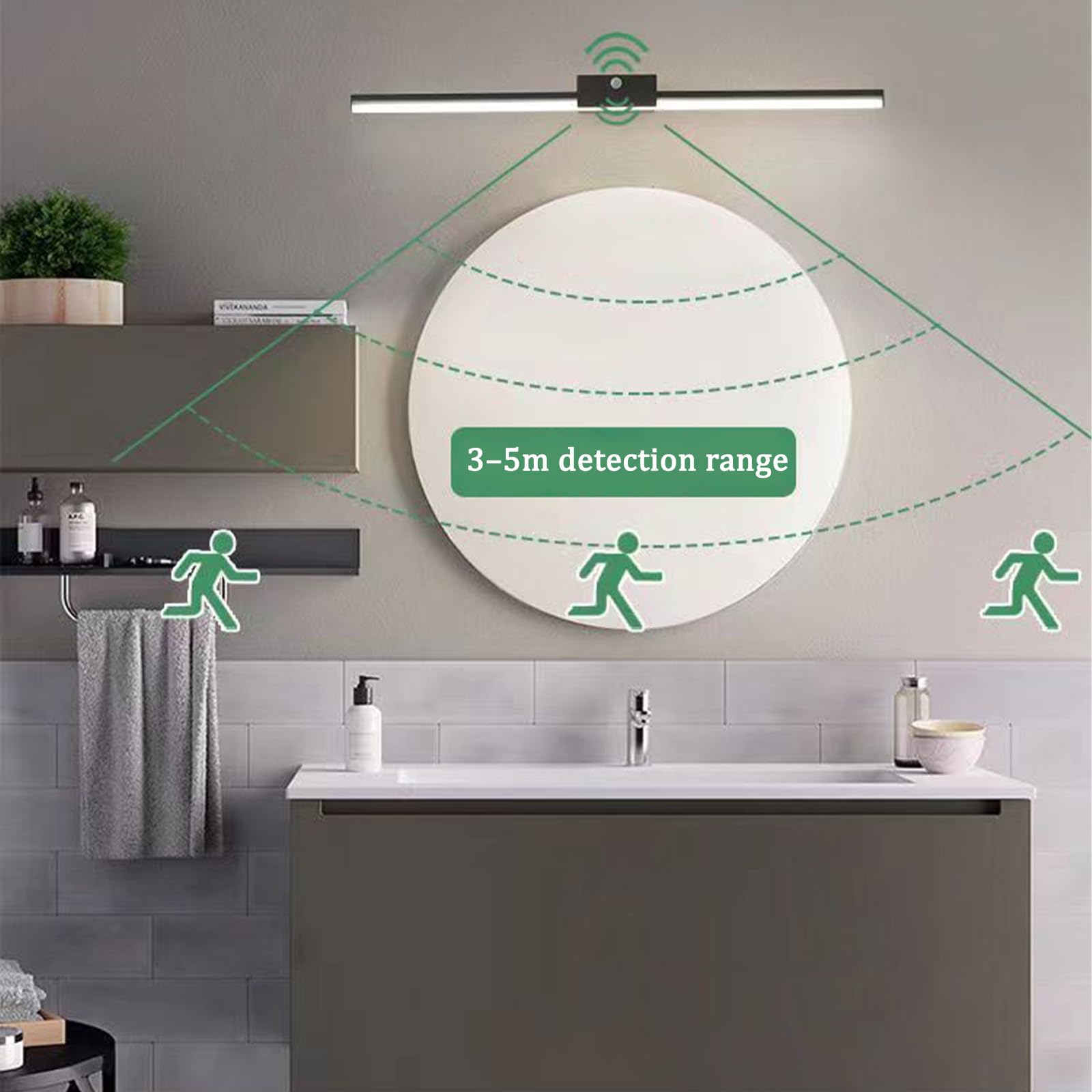 LED Spiegelleuchte Bad Wandleuchten mit Bewegungsmelder Wandlicht mit Schalter Aluminium Wasserdicht Wandleuchte Bildbeleuchtung Schminktisch Wohnzimmer Schlafzimmer (Schwarzes Warmes Licht,60cm)