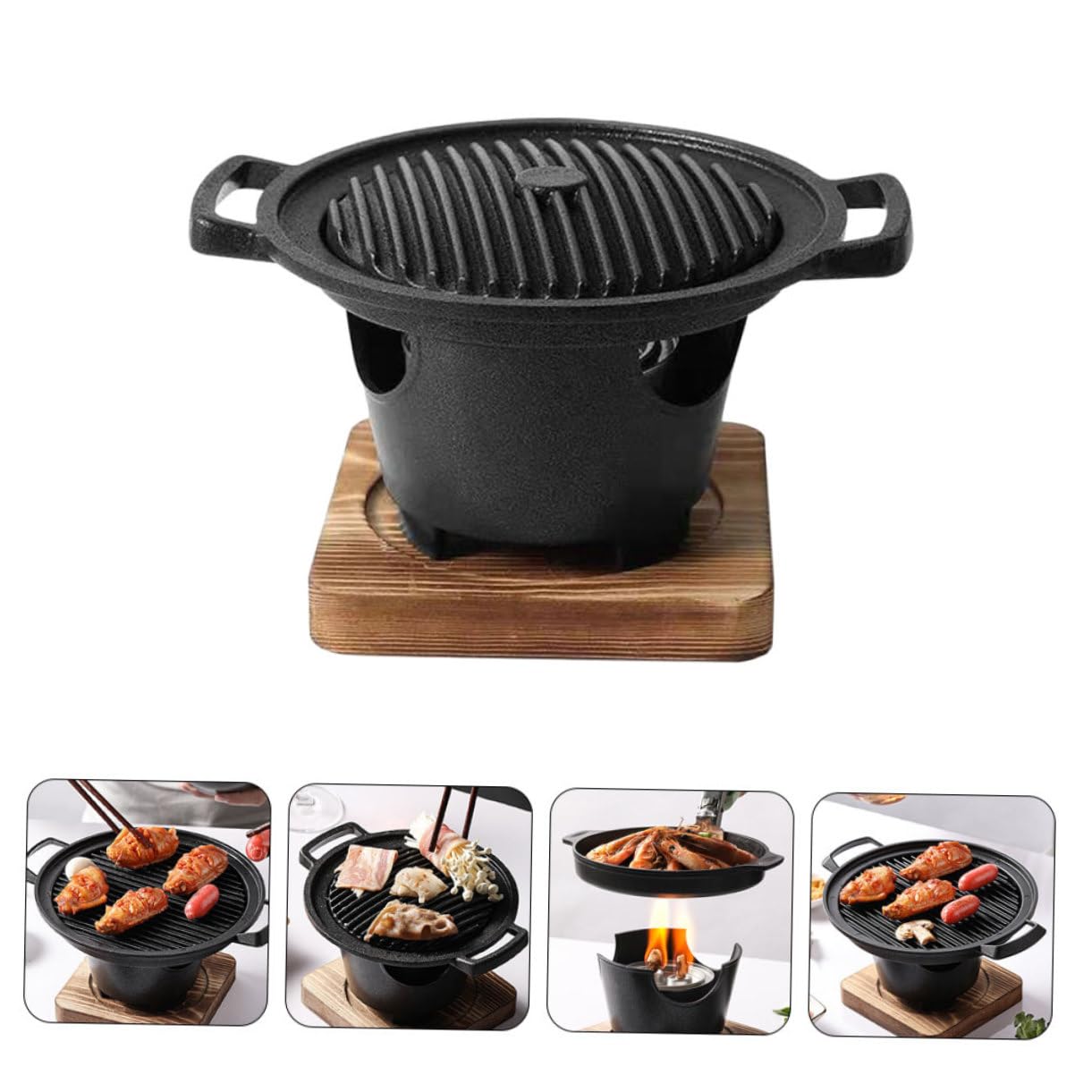 ORFOFE Barbecue da Tavolo senza Fumo Piccolo Facile da Usare in Alluminio e Legno per Casa, Adatto a Mais e Manzo con Rete per Barbecue