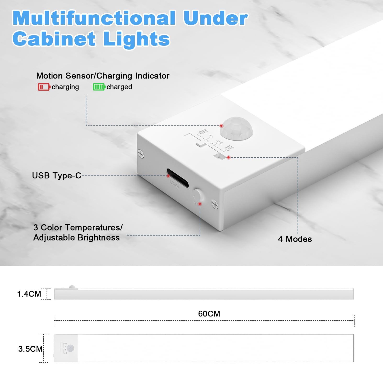 OUILA Luz LED para debajo de los armarios de cocina, 2 unidades de 60 cm, luz LED con sensor, 3000 K-6500 K regulable, 5000 mAh, 156 LED, luces LED con sensor para cocina, armario, escaleras, pasillo,
