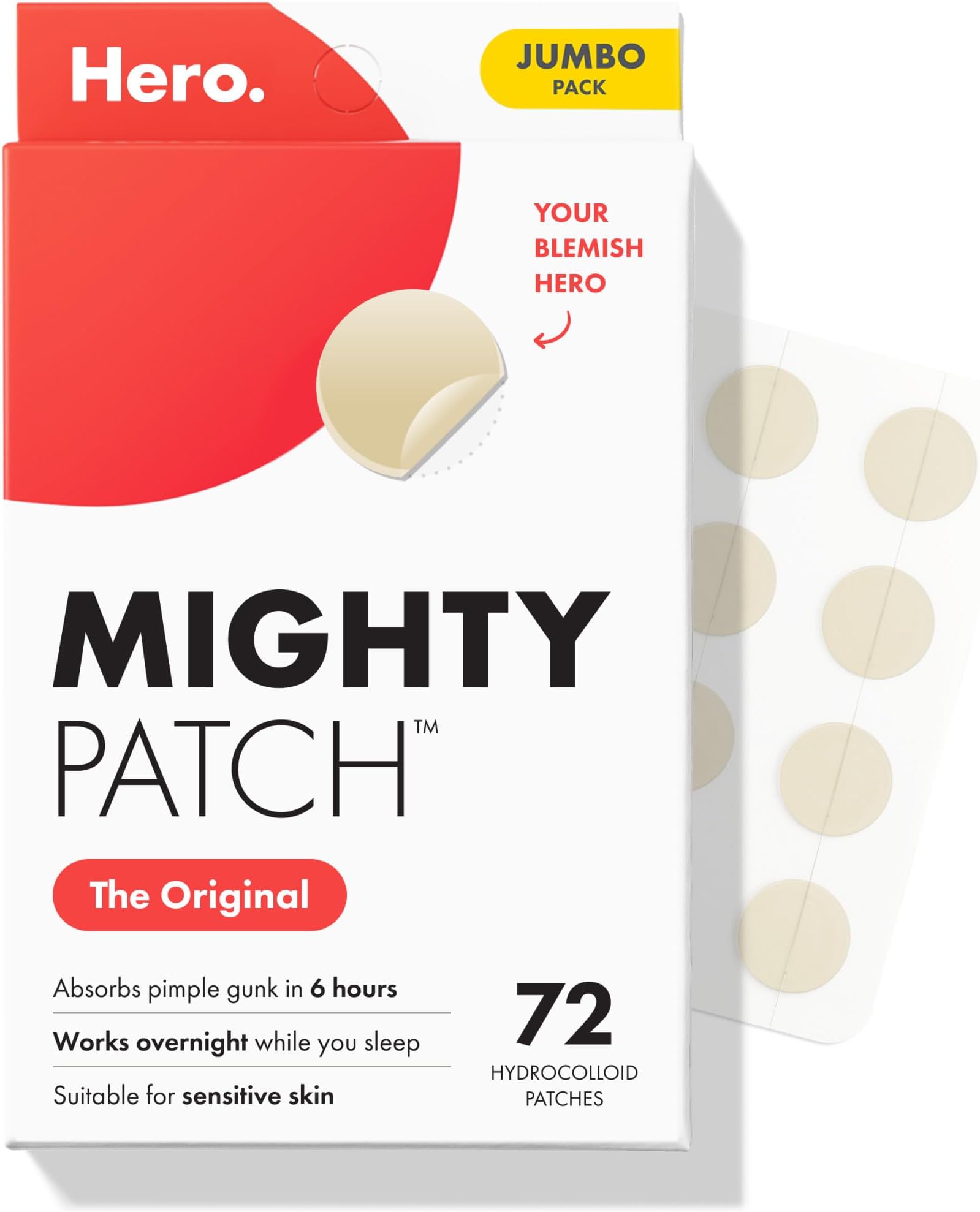 Mighty Patch Original patch from Hero Cosmetics – The #1 Hydrocolloid Acne Pimple Patch for Shrinking Zits and Whiteheads in 1 use; Nighttime Spot Stickers for Face and Skin (72 Count)