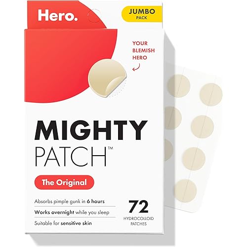 Mighty Patch Original patch from Hero Cosmetics – The #1 Hydrocolloid Acne Pimple Patch for Shrinking Zits and Whiteheads in 1 use; Nighttime Spot Stickers for Face and Skin (72 Count)